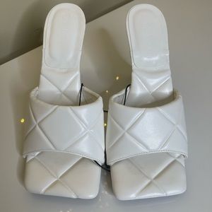 White Quilted square toe heels